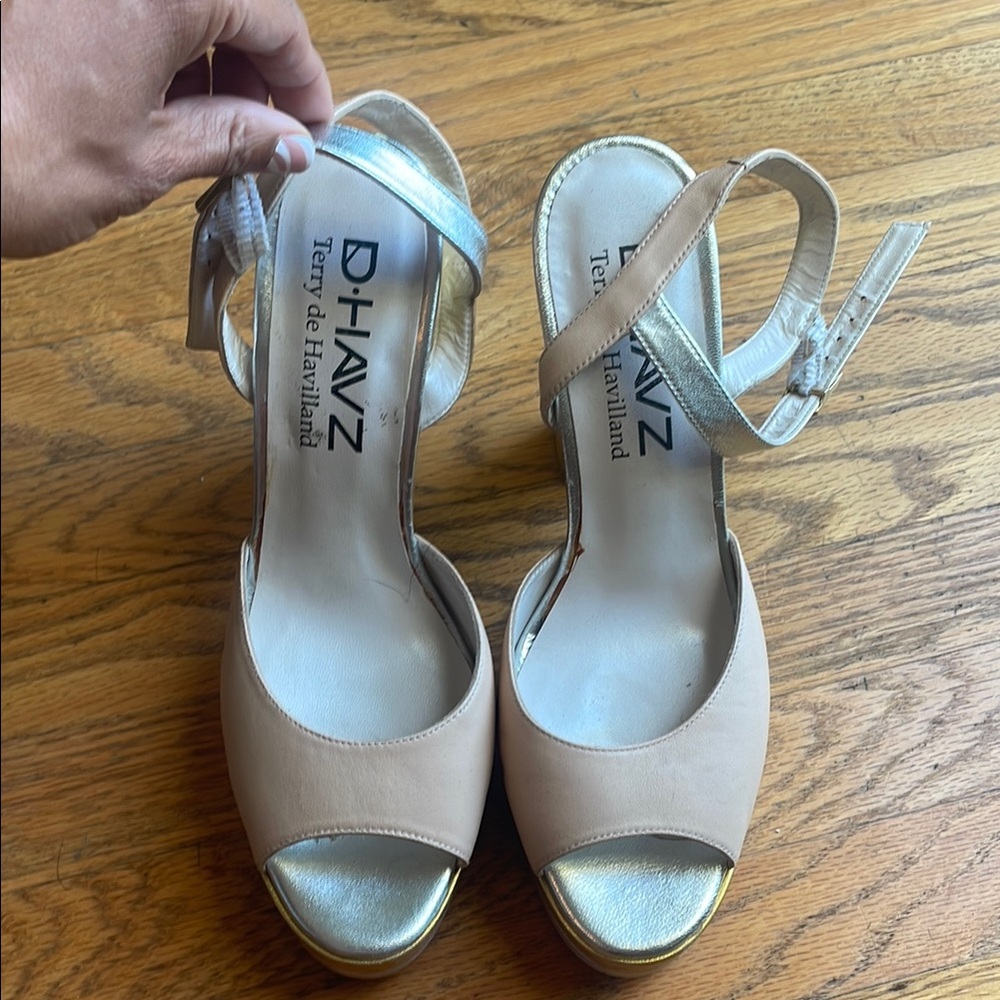 Silver and Tan Heeled Sandals